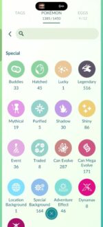 Pokemon GO account 511a collection stats showing 516 Legendary, 86 Shiny, and 164 Special Background Pokemon.