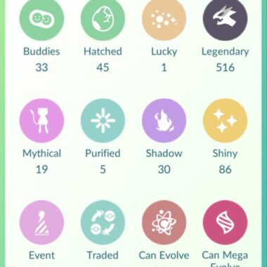 Pokemon GO account 511a collection stats showing 516 Legendary, 86 Shiny, and 164 Special Background Pokemon.