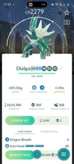 Origin Forme Dialga CP 2279 with 88% IVs and 508 Candy XL on a premium Pokemon GO account.