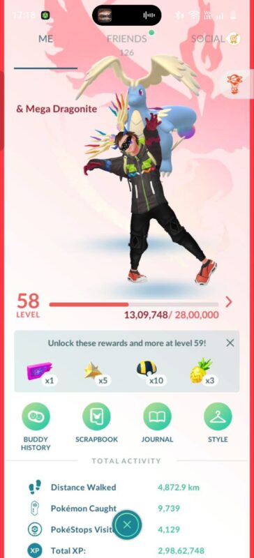 Pokemon GO Trainer profile level 58 with 29 million XP and 4872km distance walked.