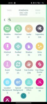 Pokémon Go account storage categories and tag counts