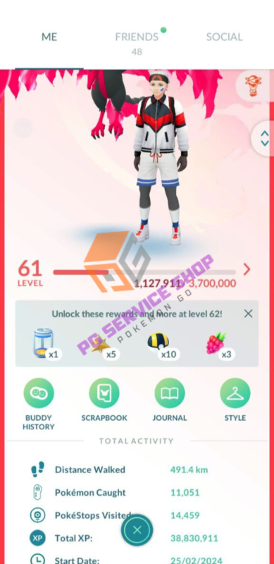Level 61 Pokémon Go trainer profile with 38M XP