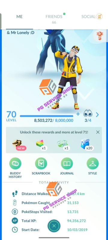 Level 70 Pokémon GO account profile showing 94M XP and start date 2019 at PG Service Shop.