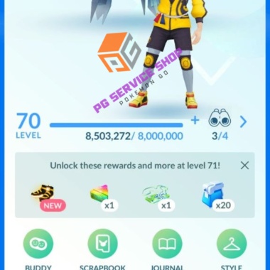 Level 70 Pokémon GO account profile showing 94M XP and start date 2019 at PG Service Shop.