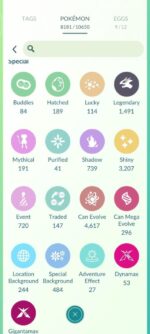 Account statistics showing over 3200 shinies and 1400 legendaries