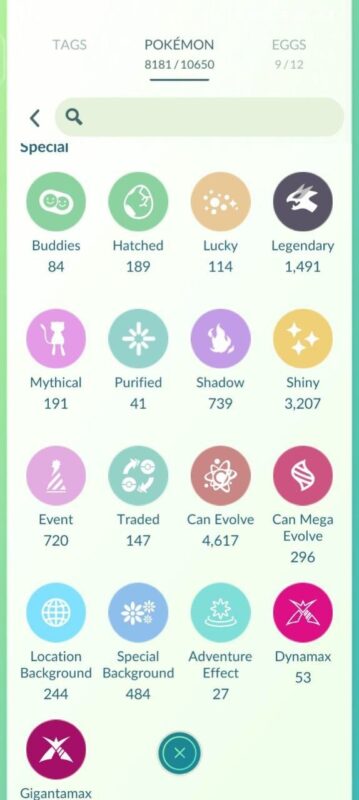 Account statistics showing over 3200 shinies and 1400 legendaries