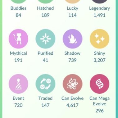 Account statistics showing over 3200 shinies and 1400 legendaries