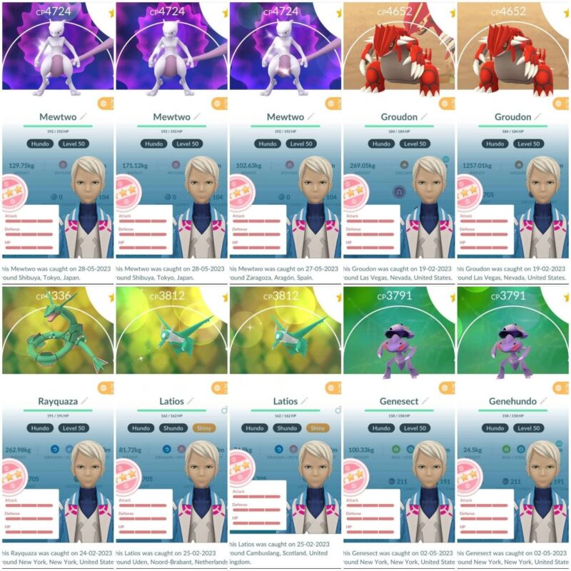 Legendary Showcase 100% IV Hundo Level 50 Mewtwo Rayquaza and Groudon stats for account 525a