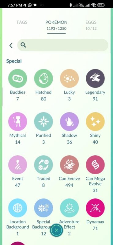 Stats overview for Pokemon Go account with 91 Legendaries