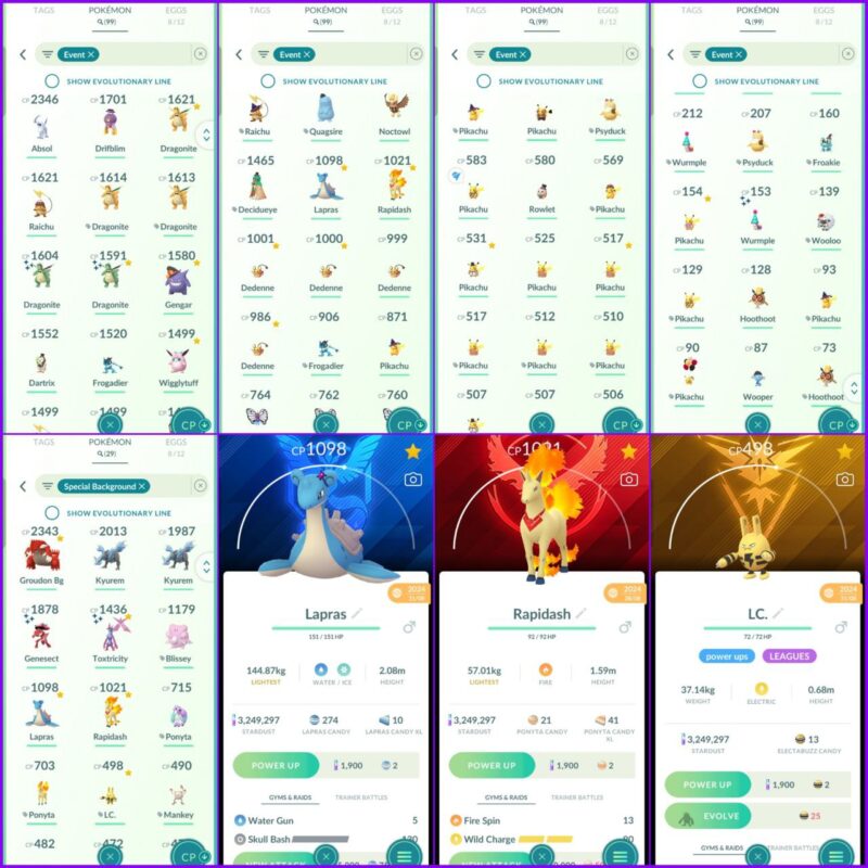 Event costume Pokémon collection including Shiny Dragonite and Lapras