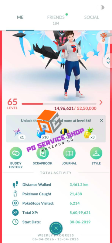 Level 65 Pokémon GO Trainer Profile with High XP