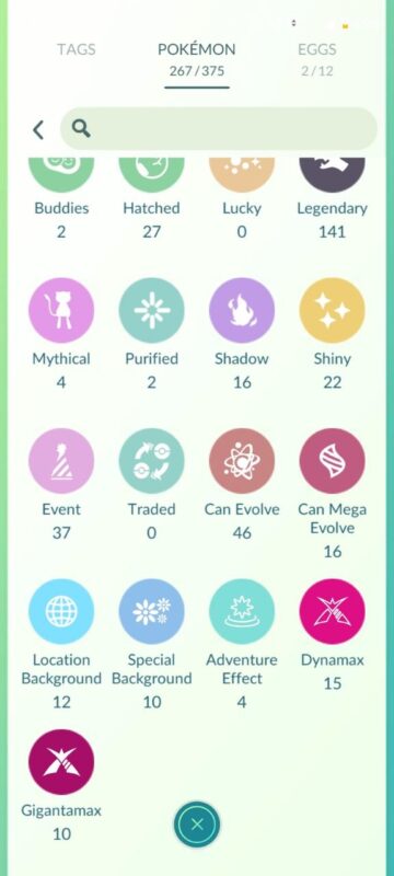 Pokémon GO account inventory overview showing legendary and shiny counts