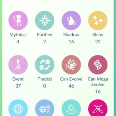 Pokémon GO account inventory overview showing legendary and shiny counts