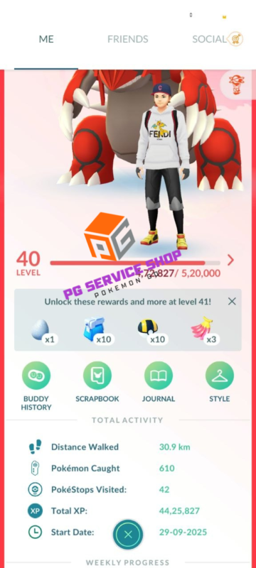 Level 40 trainer profile with Groudon buddy and total XP