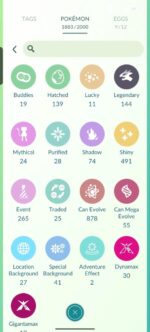 Pokémon GO level 70 account profile catalog displaying 144 legendaries 491 shinies and 41 special backgrounds.