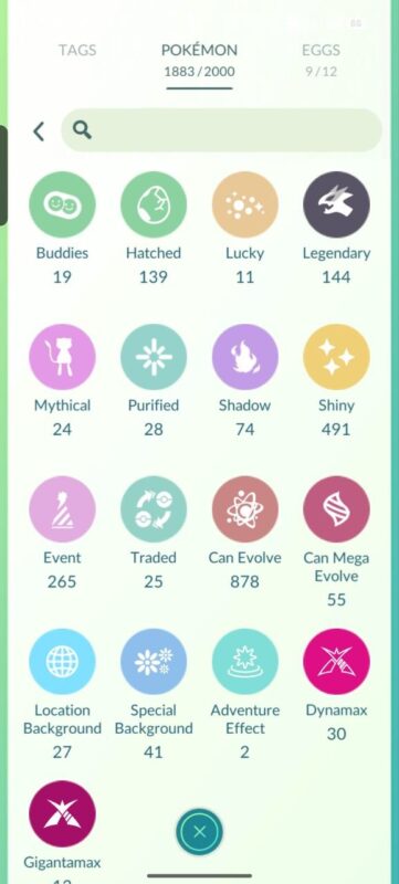 Pokémon GO level 70 account profile catalog displaying 144 legendaries 491 shinies and 41 special backgrounds.
