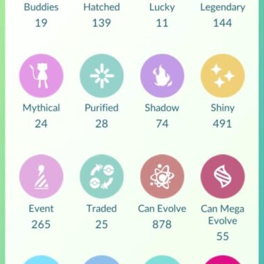 Pokémon GO level 70 account profile catalog displaying 144 legendaries 491 shinies and 41 special backgrounds.