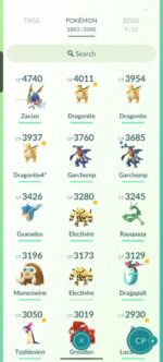 Highest CP inventory on level 70 Pokémon GO account showing CP 4740 Zacian and CP 4011 Dragonite.