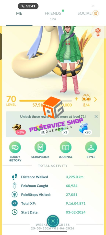 Level 70 Pokémon GO trainer profile displaying 91 million total XP and over 60000 catches.