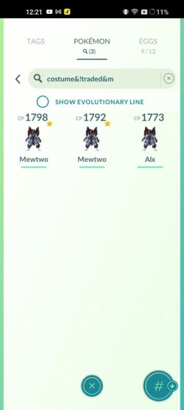 Armored Mewtwo trio inventory search results page on level 61 premium pokemon go account ID 538a