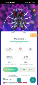 Close up view of 1798 CP Armored Mewtwo with Iron Tail and Dynamic Punch moveset on account ID 538a