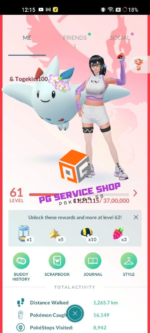 Trainer profile screen displaying Level 61 with companion buddy flower crown Togekiss on account ID 538a