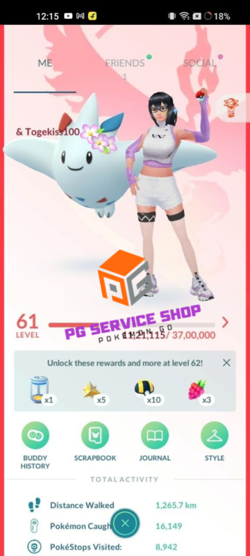 Trainer profile screen displaying Level 61 with companion buddy flower crown Togekiss on account ID 538a