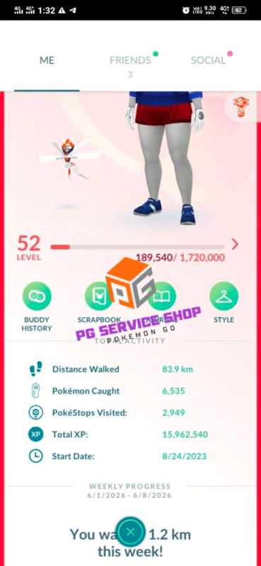 level 52 trainer profile status with total xp and start date on pgserviceshop