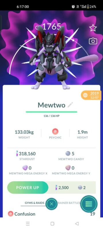 Premium Level 44 Pokémon GO account ID 540a featuring a 1765 CP Armored Mewtwo caught in 2019.