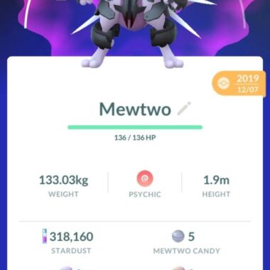 Premium Level 44 Pokémon GO account ID 540a featuring a 1765 CP Armored Mewtwo caught in 2019.