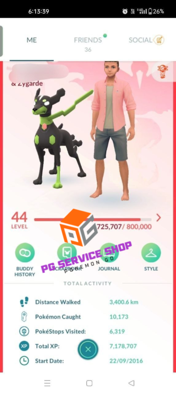 Level 44 Pokémon GO Trainer profile created in 2016 with over 7.1 million total XP and a Zygarde buddy.