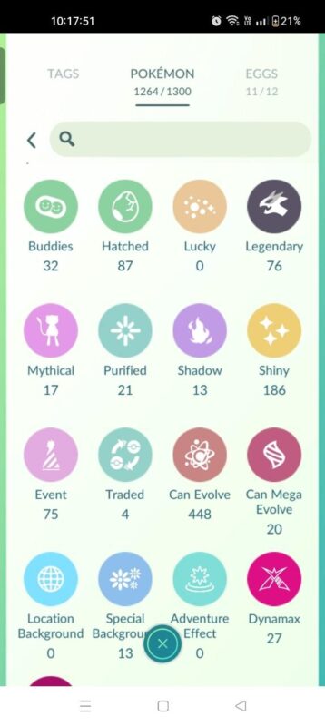 Pokemon GO catalog tags legendary shiny dynamax storage count account 541a