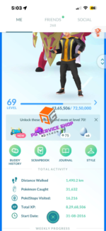 Level 69 trainer profile screen showing total XP and master ball item rewards