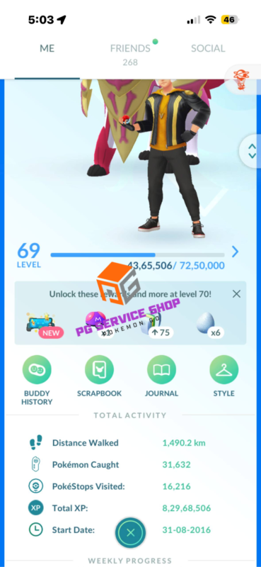 Level 69 trainer profile screen showing total XP and master ball item rewards