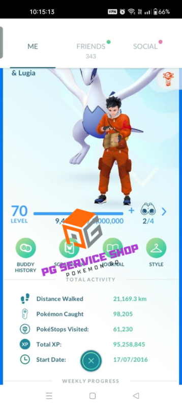 Level 70 Pokemon GO account trainer profile stats and walked distance