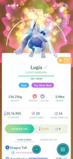 Lucky Apex Lugia at CP 3736 with legacy moveset on a high tier Pokémon GO account.