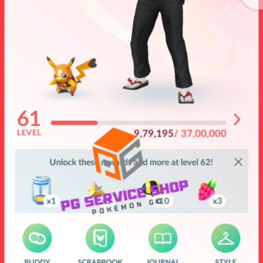 Pokémon GO Level 61 player profile dashboard showing trainer stats and partner Pikachu Libre on pgserviceshop.com.