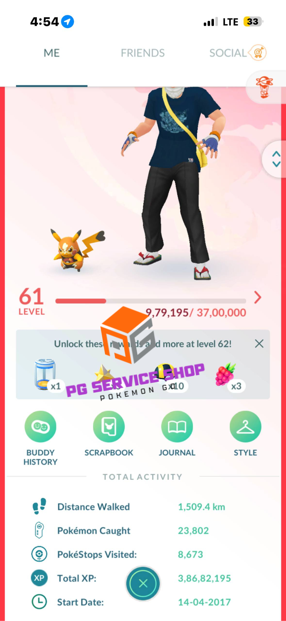 545a-profile-1 Pokémon GO Level 61 player profile dashboard showing trainer stats and partner Pikachu Libre on pgserviceshop.com.