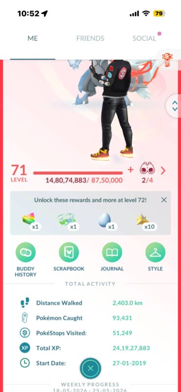 Level 71 trainer profile dashboard showing total XP and start date
