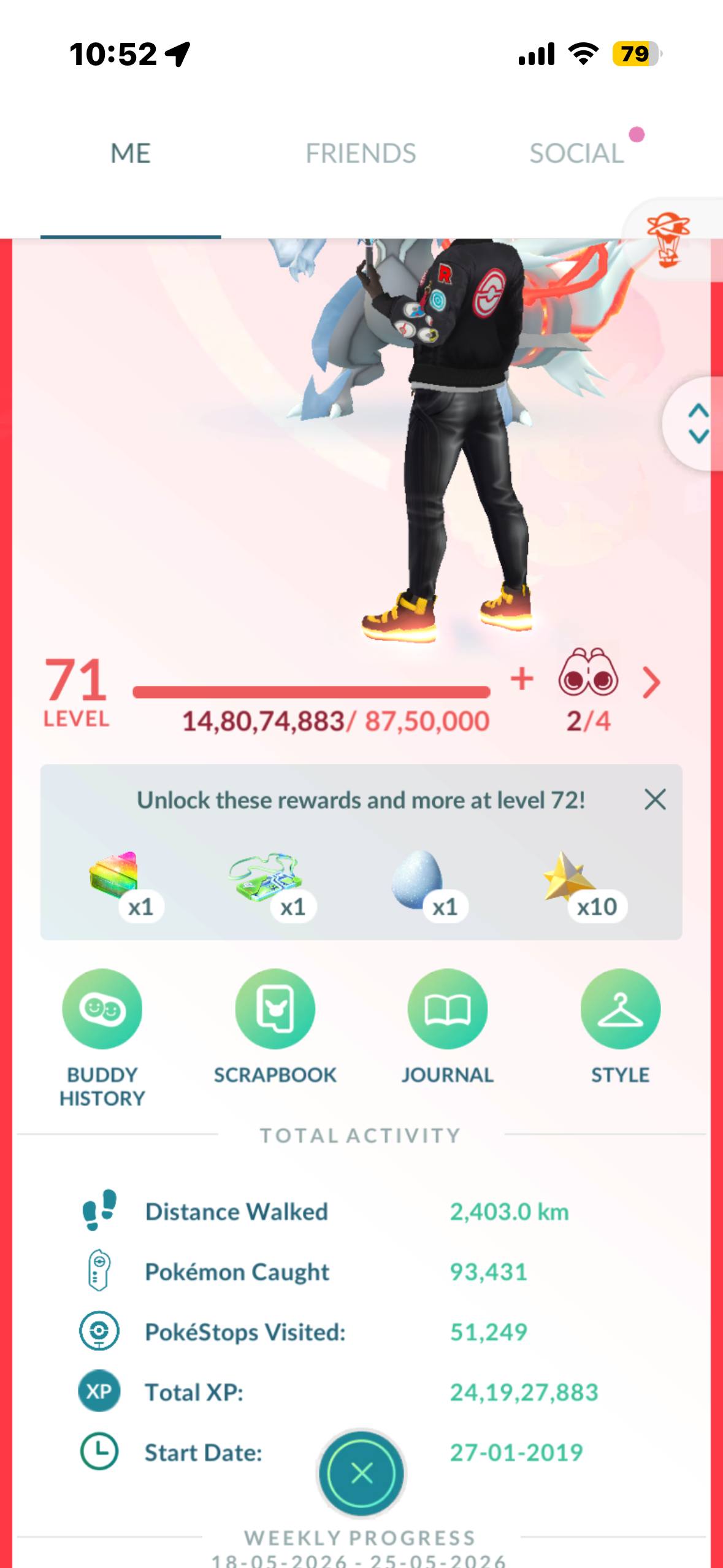 546a-profile-1 Level 71 trainer profile dashboard showing total XP and start date