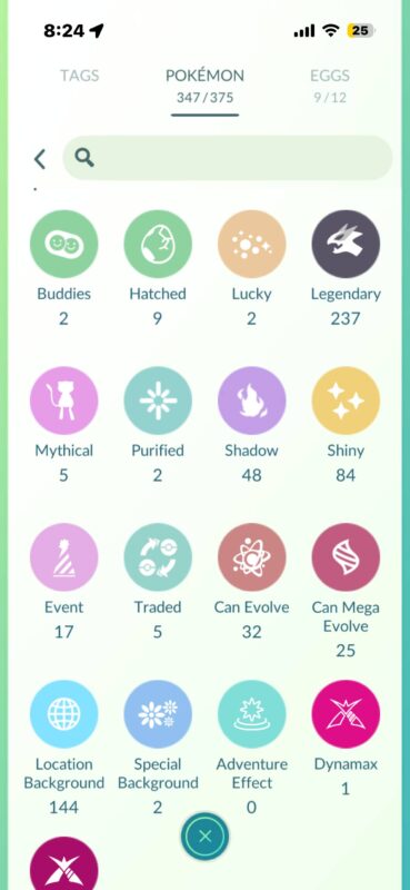 Level 53 Pokémon GO account catalog breakdown showing 237 Legendary and 84 Shiny assets