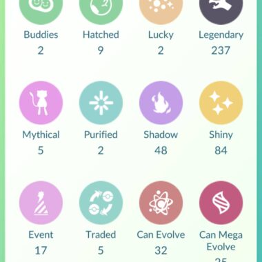 Level 53 Pokémon GO account catalog breakdown showing 237 Legendary and 84 Shiny assets