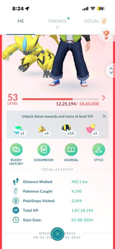 Level 53 Pokémon GO trainer profile screen with total XP and start date