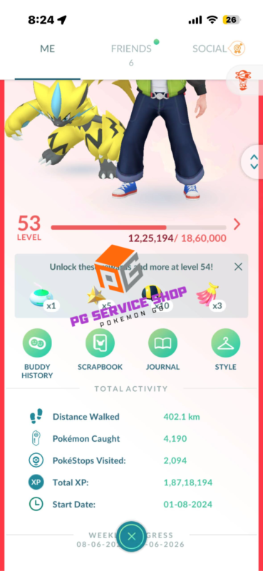 Level 53 Pokémon GO trainer profile screen with total XP and start date