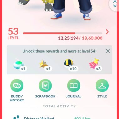 Level 53 Pokémon GO trainer profile screen with total XP and start date
