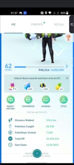 Level 62 mobile gaming account profile dashboard showing 42 million XP on pgserviceshop.com