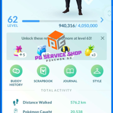 Level 62 mobile gaming account profile dashboard showing 42 million XP on pgserviceshop.com