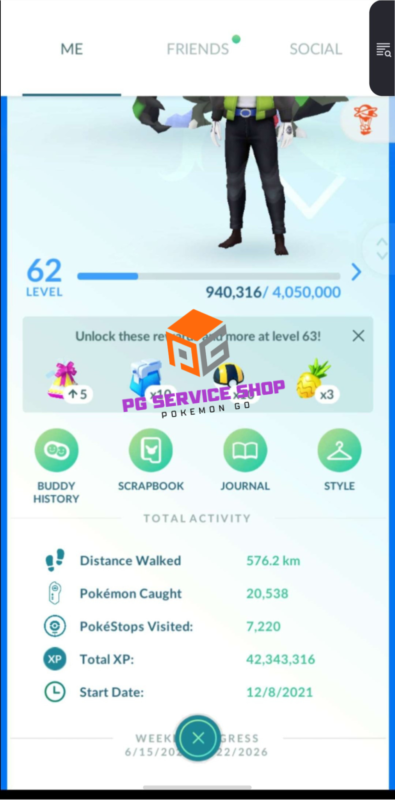 Level 62 mobile gaming account profile dashboard showing 42 million XP on pgserviceshop.com