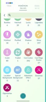 Pokemon Go account tag counts showing 197 shinies 53 legendaries and 22 hundos for sale