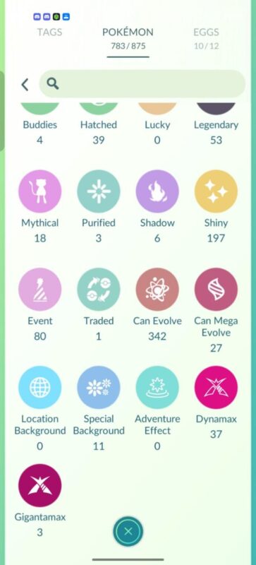 Pokemon Go account tag counts showing 197 shinies 53 legendaries and 22 hundos for sale